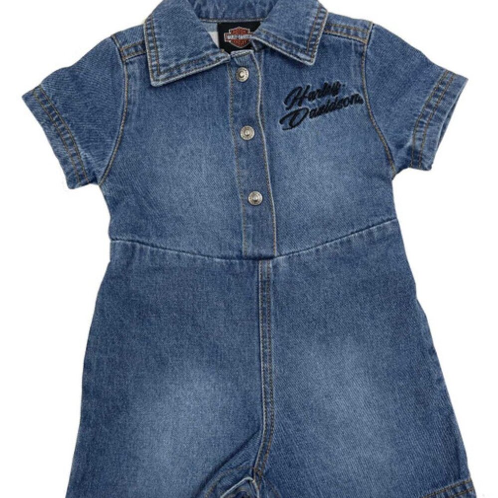 Harley-Davidson Baby Girls' Embroidered Bar & Shield Denim Romper